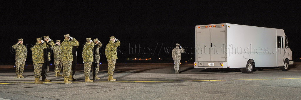 The Final Steps, Mortuary vehicle driver starts engine, and Security Forces vehicle moves into escort position in front, Transfer vehicle begins to pull away, Dignified transfer officer orders final “Present, Arms” and “Order, Arms” (slow salute) as vehicle departs, Carry team follows (by walking) transfer vehicle, with the transfer vehicle guide walking behind the carry team, Dignified transfer officer and senior ranking officer follow (walking) behind the transfer vehicle guide, ending the dignified transfer.