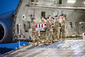 Army carry team carries the transfer case containing the remains of Sgt. Eric M. Houck, 25, of Baltimore, Maryland upon arrival at Dover Air Force Base, DE on June 12, 2017.