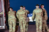 Carry team moves transfer case into the mortuary transfer vehicle<br /><br />Dignified transfer officer orders “Order, Arms” (slow movement salute)