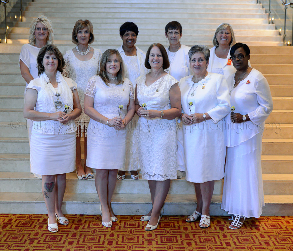 The 2014-15 National Executive Board. Pictured back row, l to r, Lorna Harris, National Flag Guard; Becky Christmas, National Sergeant-at-Arms, Ann Davis: National VAVS Chairman; Cindy Tatum, National Recording Secretary; Sue Pollard; National Chaplain, front row, l to r Maria Martens, National Treasurer; Cindy Kruger, National First Vice President; Jennifer Jackman, National President; Candy Martin, National Second Vice President; and Mona Gunn, National Banner Guard.