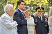 Gold Star Mother Emogene M. Cupp, Matt Stiner, Gold Star Mother National President Candy Martin and General Mark A. Milley saluting the Flag of Our Country during the playing of the National anthem.