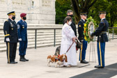 American Gold Star Mothers National President Cindy Tatum along with her service dog Linus and husband Andy and his service dog Millie present wreath at the Tomb Of The Unknowns.<br /><br />Escorts: General Mark A. Milley, Chairman of the Joint Chiefs of Staff and Ramón Colón-López SEAC, Senior Enlisted Advisor to the Chairman of the Joint Chiefs of Staff