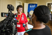 Outgoing President Cindy Tatum is interviewed by one of the local TV stations.
