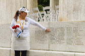 Gold Star Mom Lee-Ann Forsythe points out the name of George Vaughn Seibold who is “still missing” from World War I and is the Son of the founder of the American Gold Star Mothers Grace Darling Seibold.
