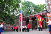 Sgt-At-Arms Dick Mansfield calls everyone to attention as the Independence Hall bell tolls 0800 Commandant Neil B. Corley, Marine Corps League of Pennsylvania, Inc. begins to raise the 48 star flag.