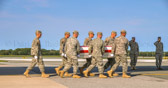 Dignified transfer officer orders “Present, Arms” (slow movement salute)