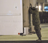Final Steps Mortuary vehicle driver starts engine, and Security Forces vehicle moves into escort position in front Transfer vehicle begins to pull away<br />Dignified transfer officer orders final “Present, Arms” and “Order, Arms” (slow salute) as vehicle departs Carry team follows (by walking) transfer vehicle, with the transfer vehicle guide walking behind the carry team