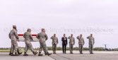 Dignified transfer officer orders “Present, Arms” (slow movement salute)