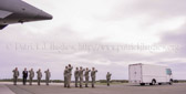The Final Steps, Mortuary vehicle driver starts engine, and Security Forces vehicle moves into escort position in front, Transfer vehicle begins to pull away, Dignified transfer officer orders final “Present, Arms” and “Order, Arms” (slow salute) as vehicle departs, Carry team follows (by walking) transfer vehicle, with the transfer vehicle guide walking behind the carry team, Dignified transfer officer and senior ranking officer follow (walking) behind the transfer vehicle guide, ending the dignified transfer
