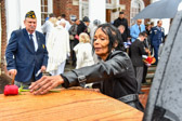 Daughter Joan Harrison placing a single rose on her Father casket.<br /><br />Internment will be at a later date with Military Honors to be rendered at Arlington National Cemetery, Arlington, VA.