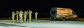 Final Steps.  Mortuary vehicle driver starts engine, and Security Forces vehicle moves into escort position in front.  <br /><br />Transfer vehicle begins to pull away.  Dignified transfer officer orders final “Present, Arms” and “Order, Arms” (slow salute) as vehicle departs.