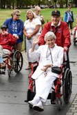That's Teddy Westlake being wheeled by Honor Flight WWII Veteran Frank M. Carli from San Francisco.  Frank was a Navy SeeBee, landing on Iwo Jima.