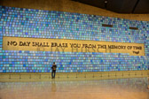 Each tile represents a person who died on 911, artist is Spencer Finch  You are inside the 911 museum seventy feet below ground level. The wall holding back the Hudson River is to the right of the picture. This entire level is below the Hudson River.
