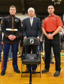 POW-MIA National Chair of Honor unveilers: Marine Cpl. Patrick Concannon, Dennis J. Murphy (Vietnam Vet, Purple Heart, Silver Star, Monsignor Bonner Hall of Fame) and Marine Sgt. Matt Sondermann (Purple Heart, three tours Iraq / Afghanistan).
