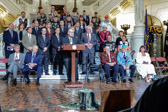 Rep. Stephen Barrar, majority chairman House Veterans Affairs and Emergency Preparedness Committee welcoming honored guest and veterans.