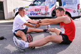 "Chunks" Padilla USMC and Marine Jamie Jobson unwind after a long day.